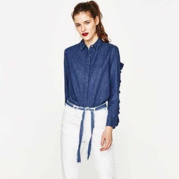 Zara Denim Frilled Sleeve Shirt - Picture 2 of 7